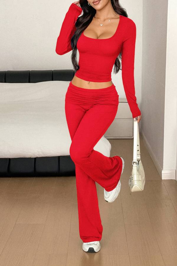 Sports style long-sleeved T-shirt and wide-leg pants suit