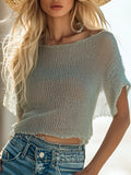 【24-hour shipping out】Casual Loose Ultra-thin Knitted Mint Green Short-sleeved Top