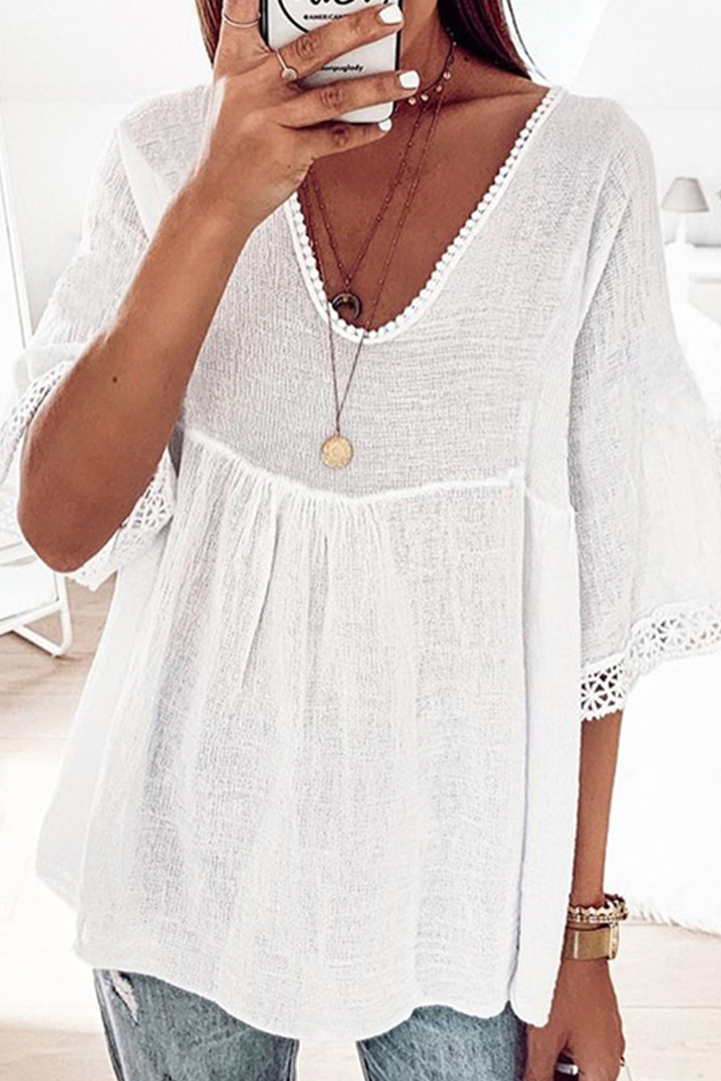 Casual Lace Patchwork V Neck T-Shirts