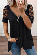 Casual Solid Split Joint V Neck T-Shirts
