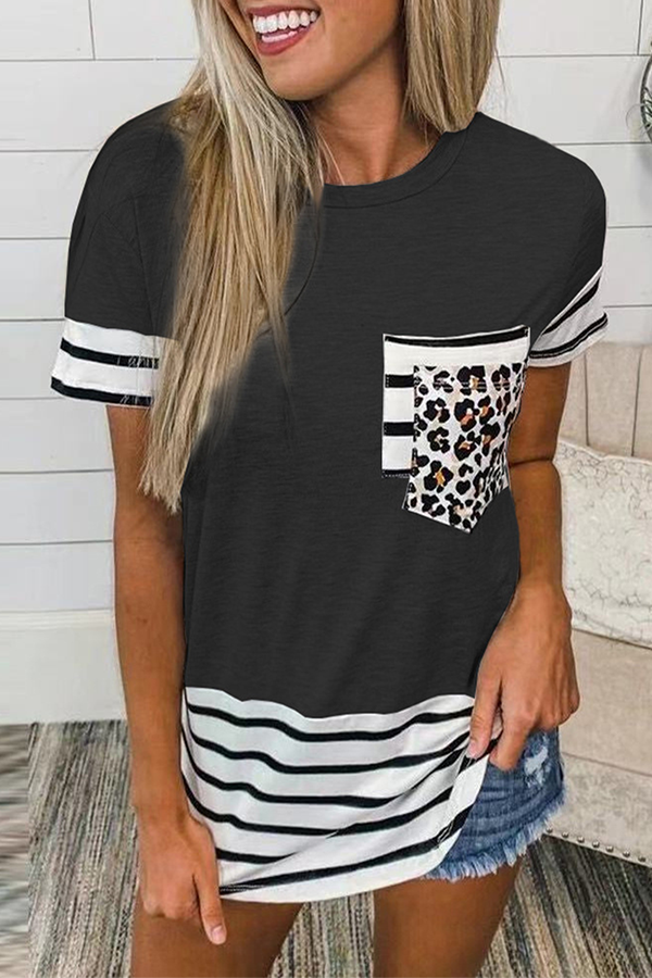 Casual Striped Leopard Split Joint Pocket O Neck T-Shirts(10 Colors)