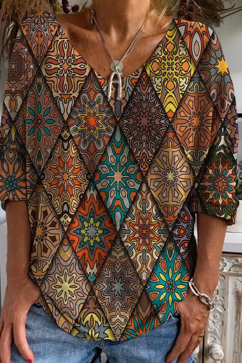 Casual Print Patchwork U Neck T-Shirts(3 Colors)