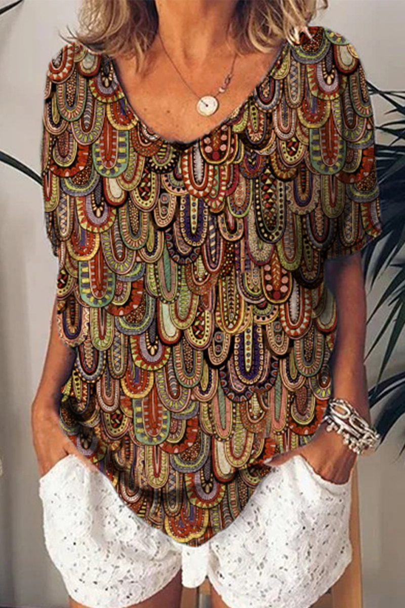 Casual Print Patchwork U Neck T-Shirts(3 Colors)