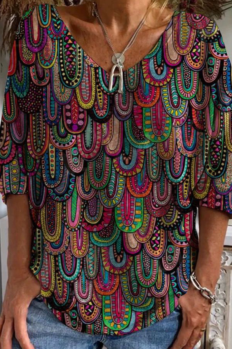 Casual Print Patchwork U Neck T-Shirts(3 Colors)