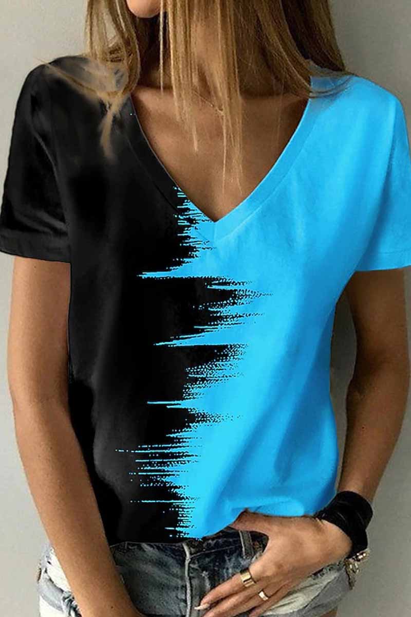 Street Print Patchwork V Neck T-Shirts