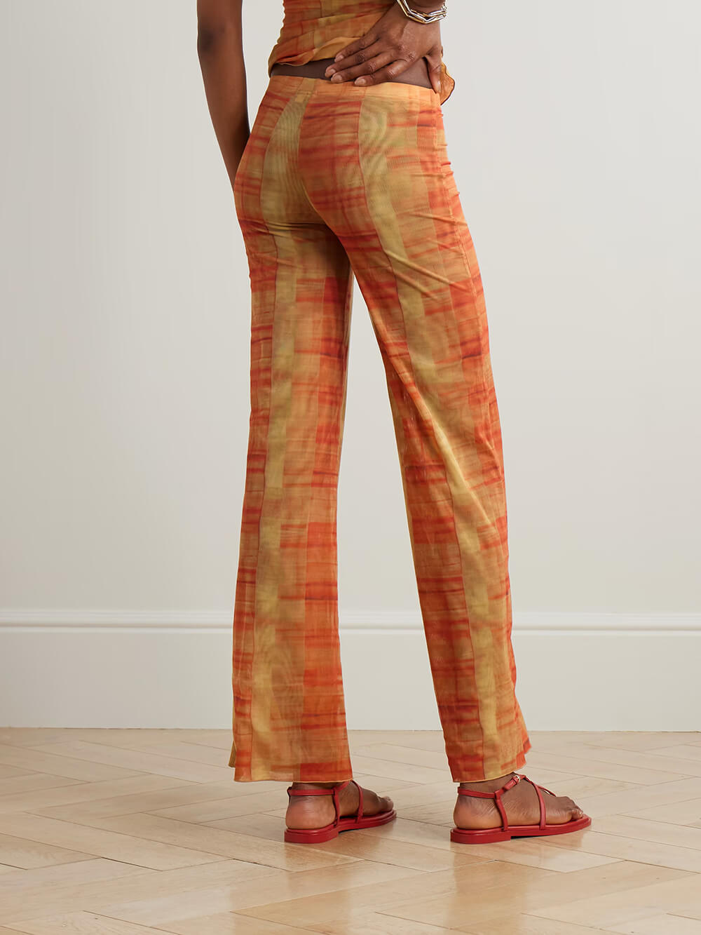 Unique Ruched Plaid Print Stretch Mesh T-Shirt