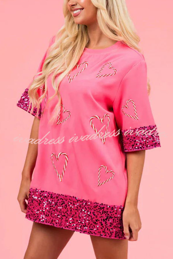Heart Print Sequin Patchwork Half Sleeve T-shirt