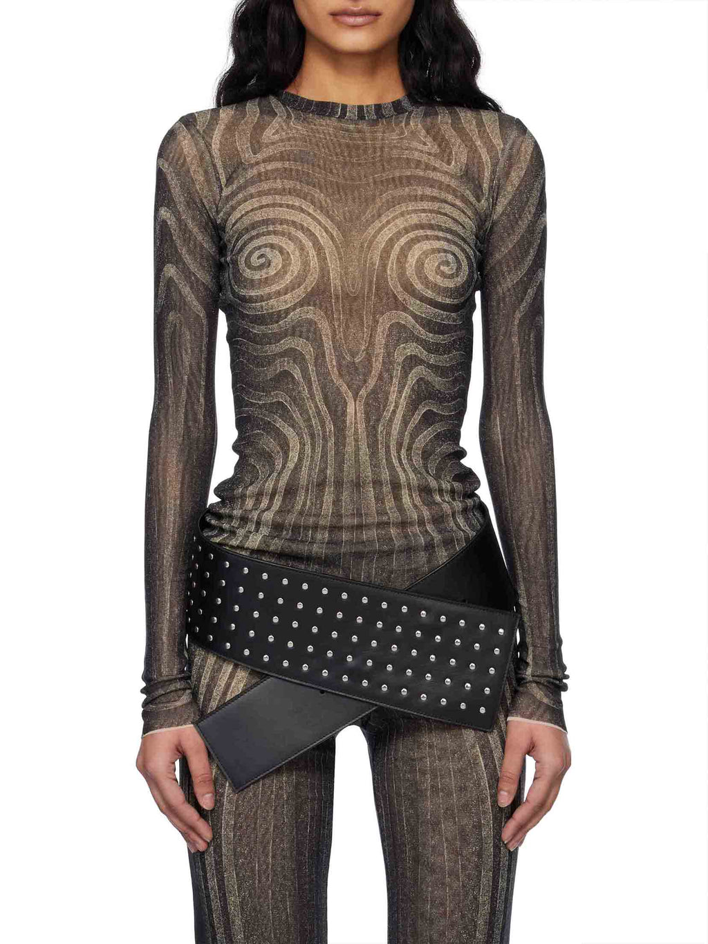 Artistic Abstract Print Sheer Knit Long-Sleeve Top