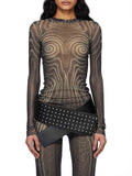 Artistic Abstract Print Sheer Knit Long-Sleeve Top