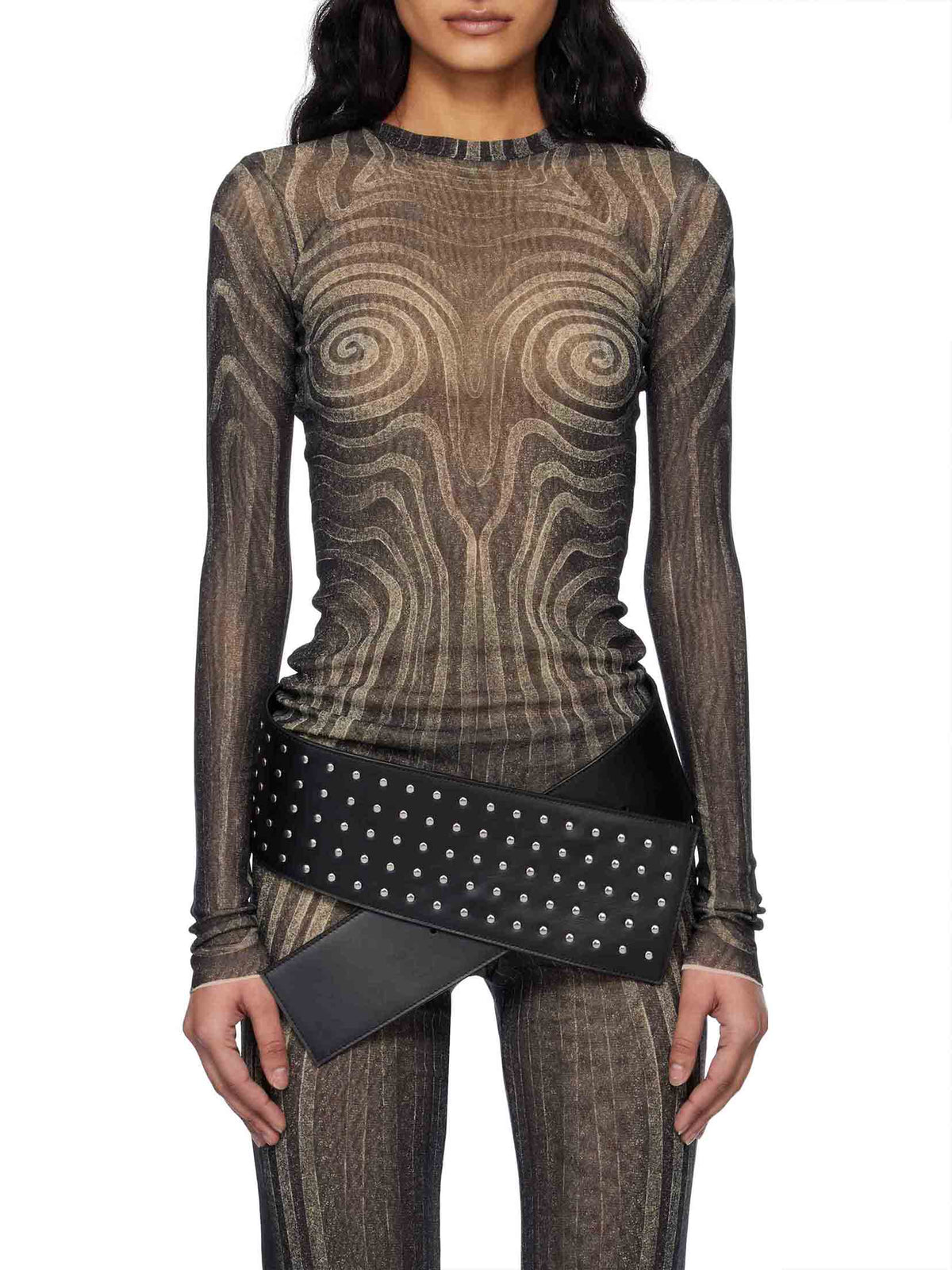 Artistic Abstract Print Sheer Knit Long-Sleeve Top
