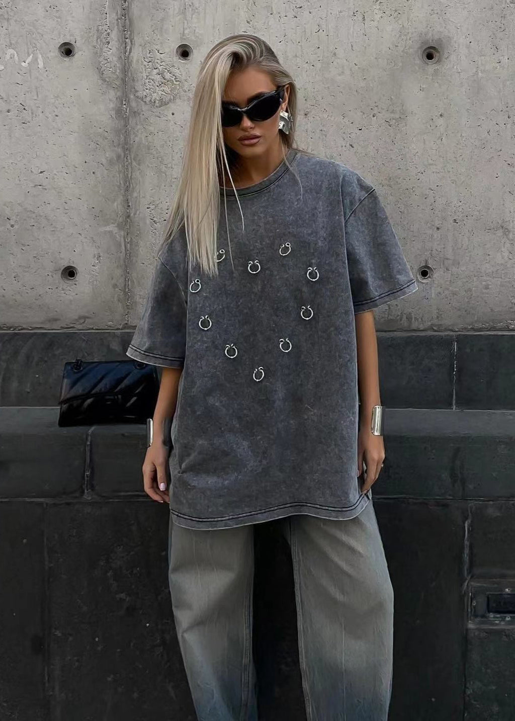 Shadow Pierced Oversized Tee – Washed Black Street Statement