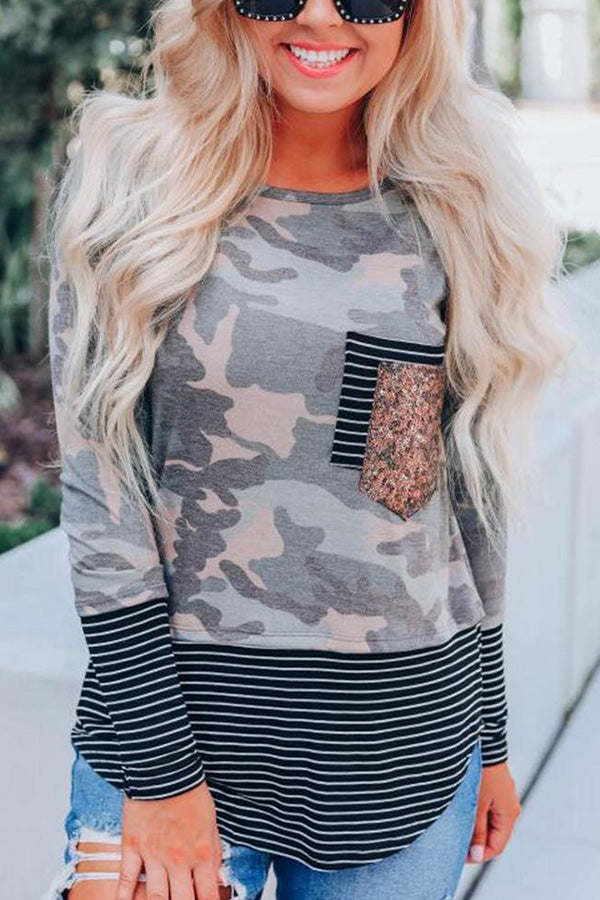 Striped Casual Sequin Pocket Long Sleeve T-Shirt