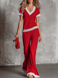 Stylish Casual Retro V-neck Lace Trim Short Sleeve T-shirt And Wide-leg Pants Set