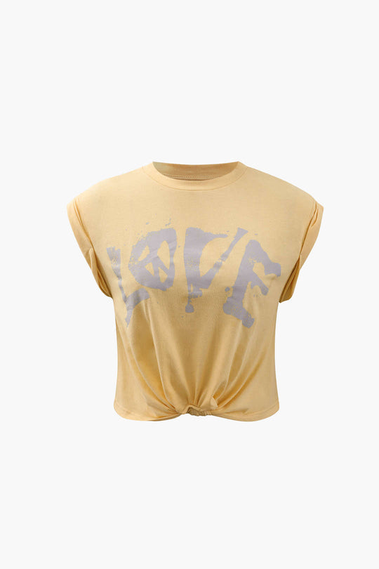 Love Rolled Sleeve Knot Hem T-Shirt