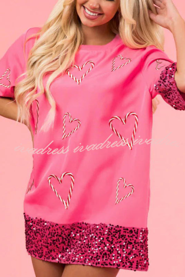 Heart Print Sequin Patchwork Half Sleeve T-shirt