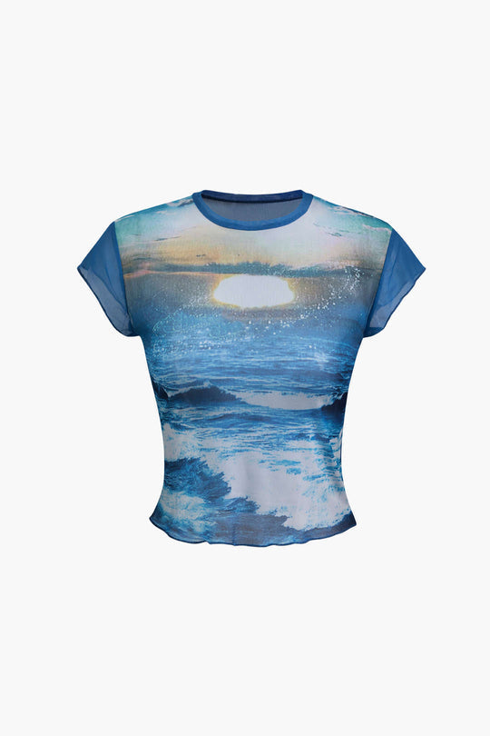 Sunset Print Sheer Mesh T-Shirt