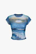 Sunset Print Sheer Mesh T-Shirt
