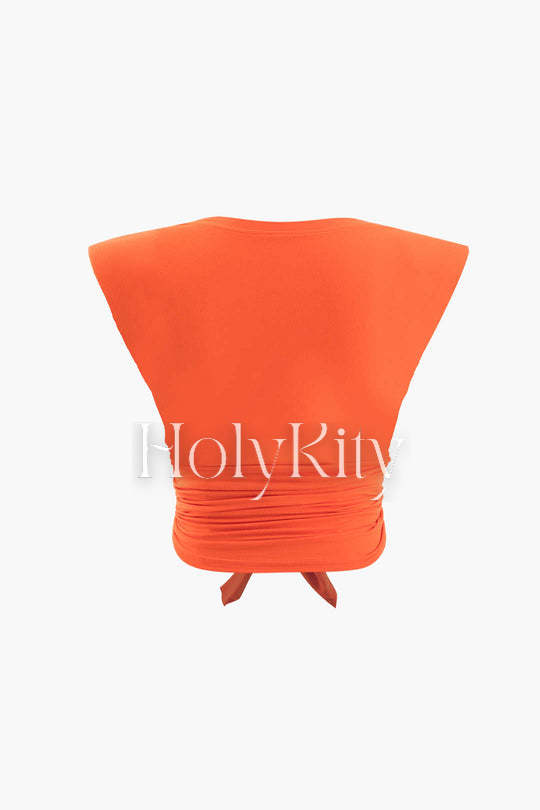Padded-Shoulder Knot Front Crop T-Shirt