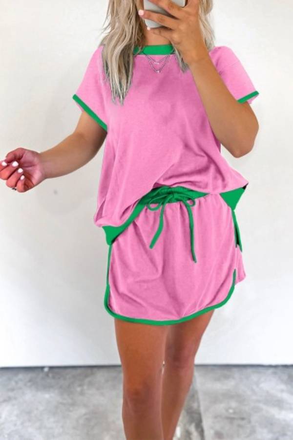Women's Colorblock Edge Drop Shoulder T-Shirt Skort 2Pcs Set