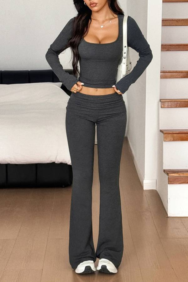 Sports style long-sleeved T-shirt and wide-leg pants suit