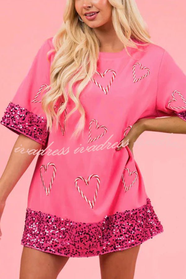 Heart Print Sequin Patchwork Half Sleeve T-shirt