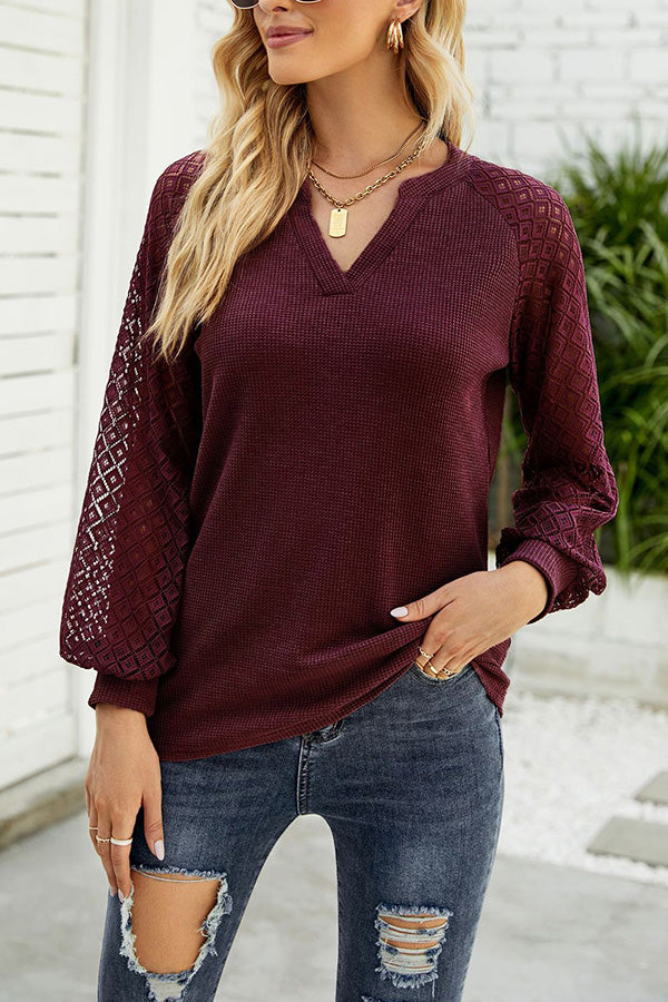 Waffle Grace Stitching Long Sleeve V-Neck T-Shirt Top Women
