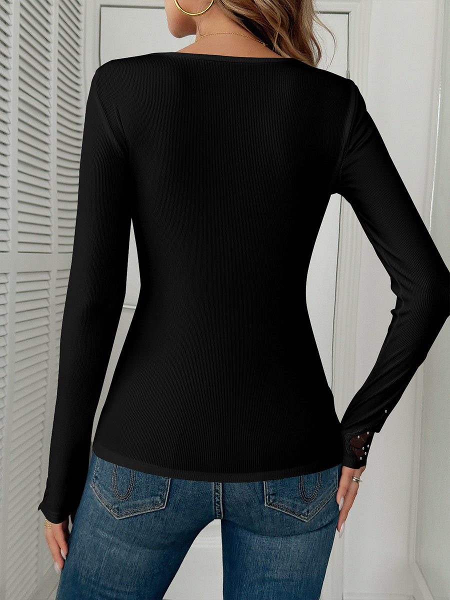 Casual White Ribbed Knit V Neck Rhinestone Lace Trim Long Sleeve T-Shirt
