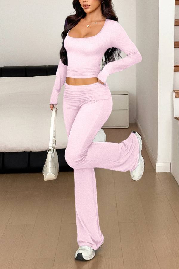 Sports style long-sleeved T-shirt and wide-leg pants suit