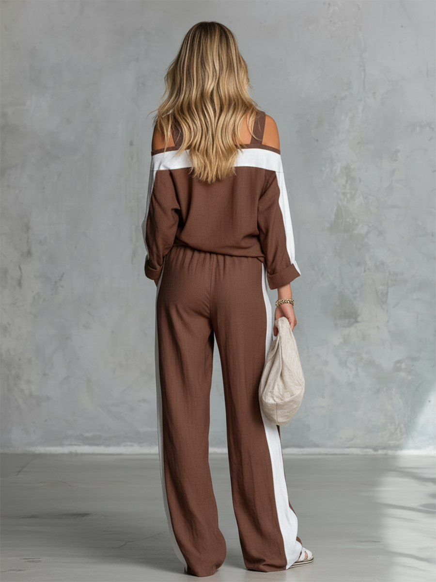 Retro Casual Off-the-shoulder Cotton And Linen Long-sleeved T-shirt And Wide-leg Pants Set.