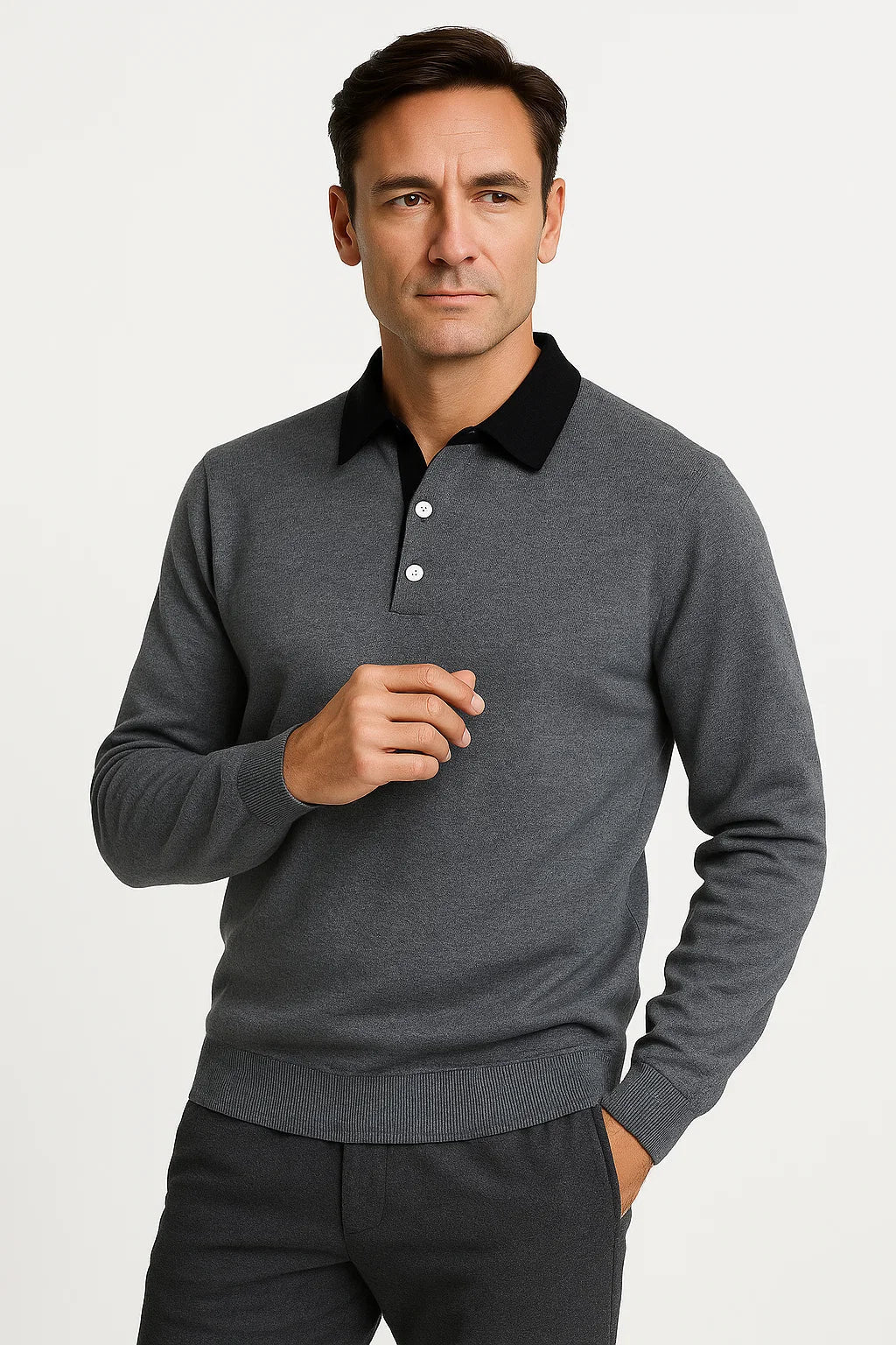 Men's Knit Polo Shirt | Contrast Collar & Quarter Button Placket