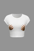Lalipa White Hands Printed Round Neck Crop T-shirt