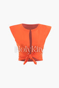 Padded-Shoulder Knot Front Crop T-Shirt