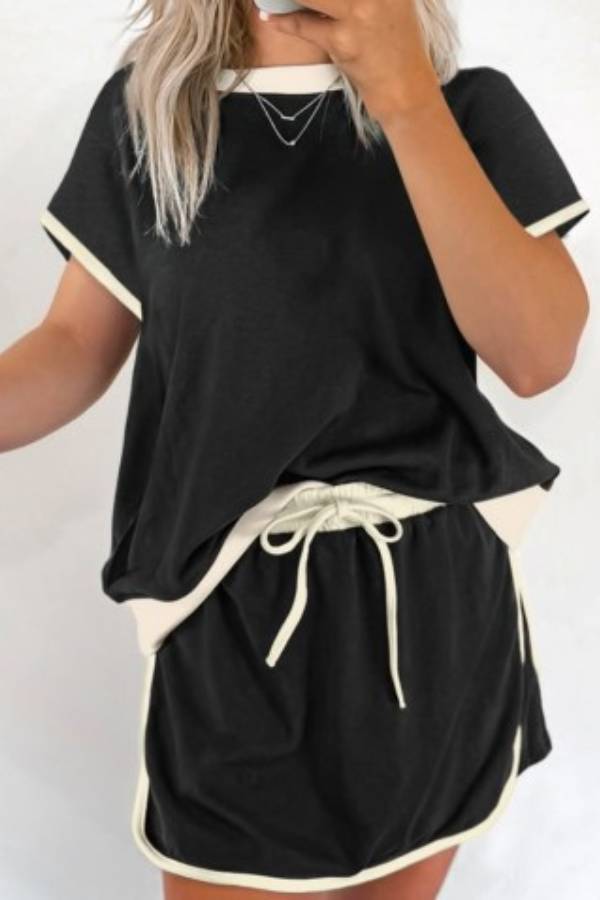 Women's Colorblock Edge Drop Shoulder T-Shirt Skort 2Pcs Set