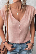 Waffle Casual Solid Color V Neck Button Pullover Women's T-Shirt