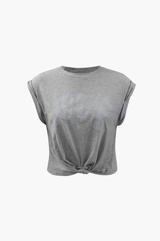 Love Rolled Sleeve Knot Hem T-Shirt
