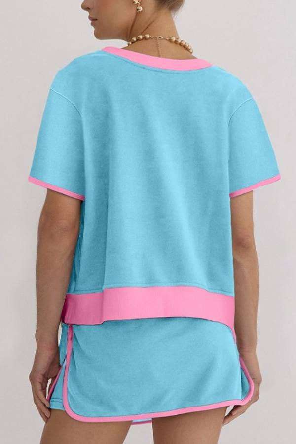 Women's Colorblock Edge Drop Shoulder T-Shirt Skort 2Pcs Set