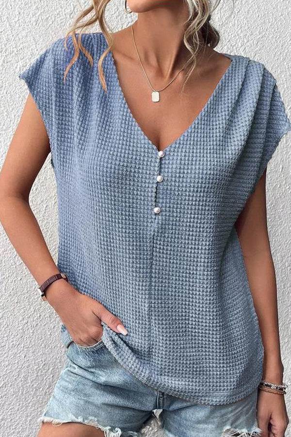 Waffle Casual Solid Color V Neck Button Pullover Women's T-Shirt