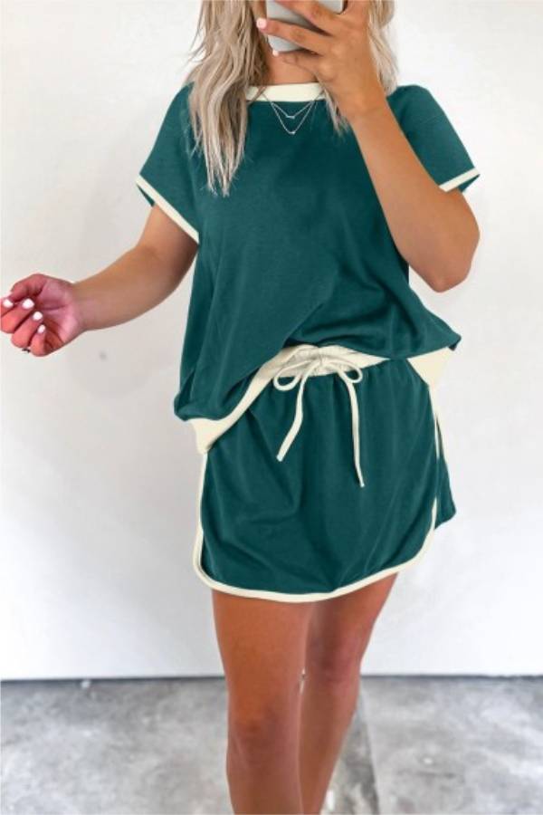 Women's Colorblock Edge Drop Shoulder T-Shirt Skort 2Pcs Set