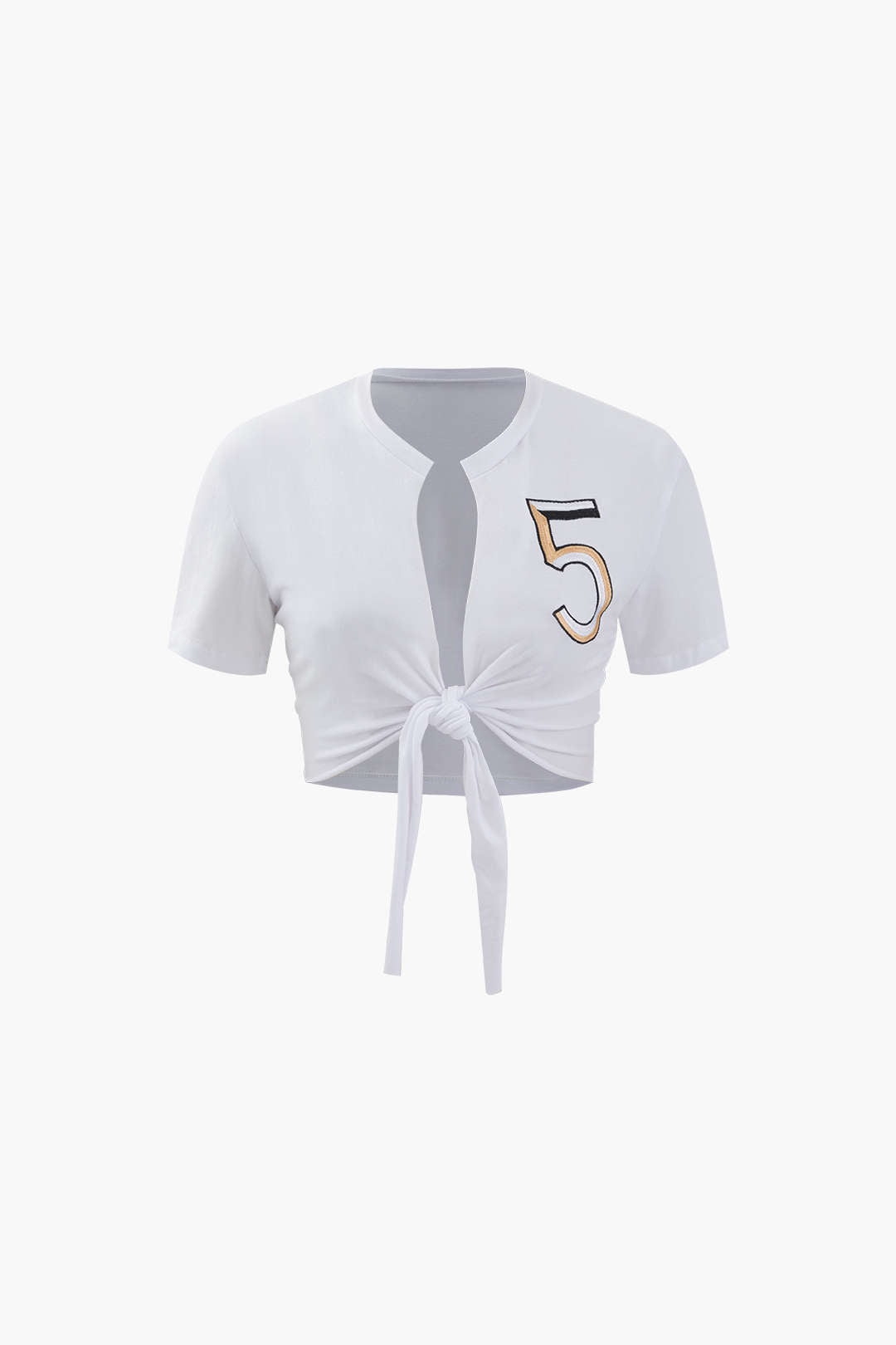Number 5 Embroidered Knot Hem T-shirt