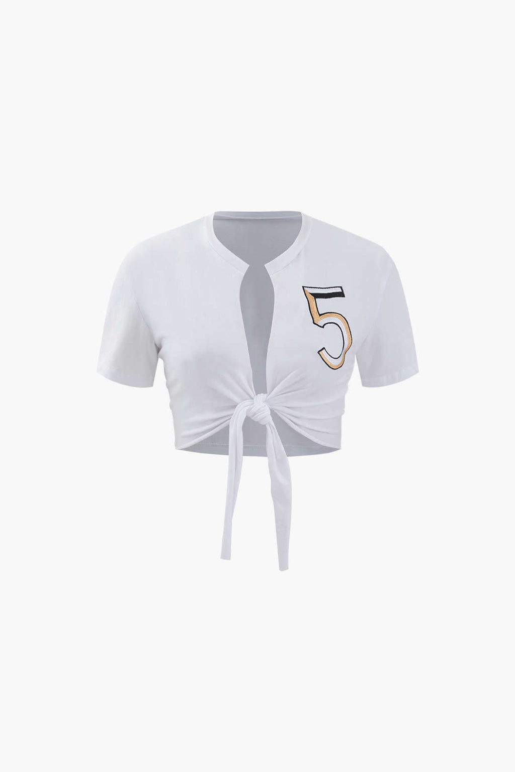 Number 5 Embroidered Knot Hem T-shirt