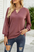 Waffle Grace Stitching Long Sleeve V-Neck T-Shirt Top Women