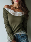 Elegant Off-the-shoulder Long-sleeved T-shirt With Lace Details