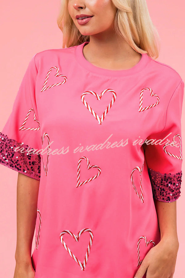 Heart Print Sequin Patchwork Half Sleeve T-shirt