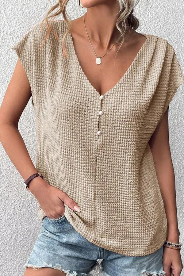 Waffle Casual Solid Color V Neck Button Pullover Women's T-Shirt