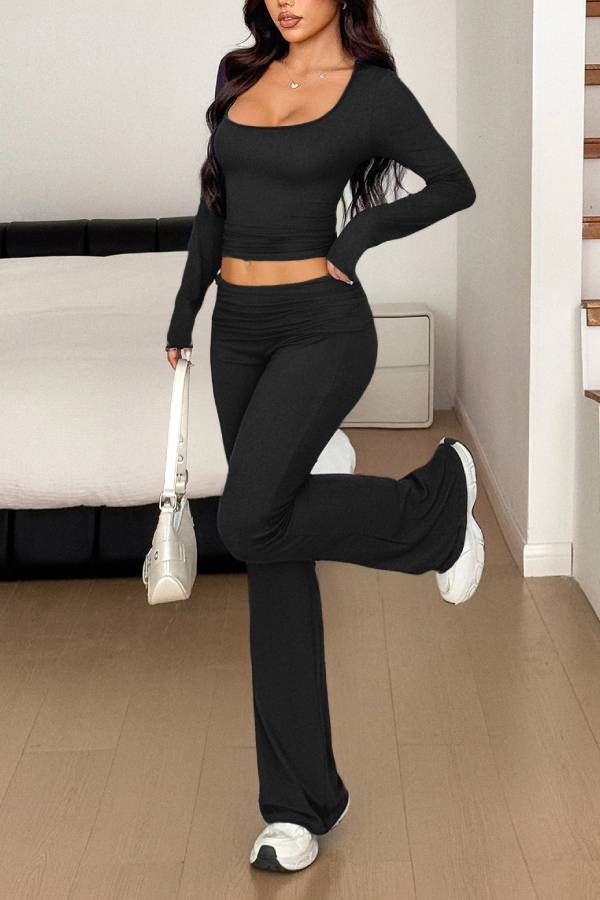 Sports style long-sleeved T-shirt and wide-leg pants suit