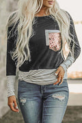 Striped Casual Sequin Pocket Long Sleeve T-Shirt