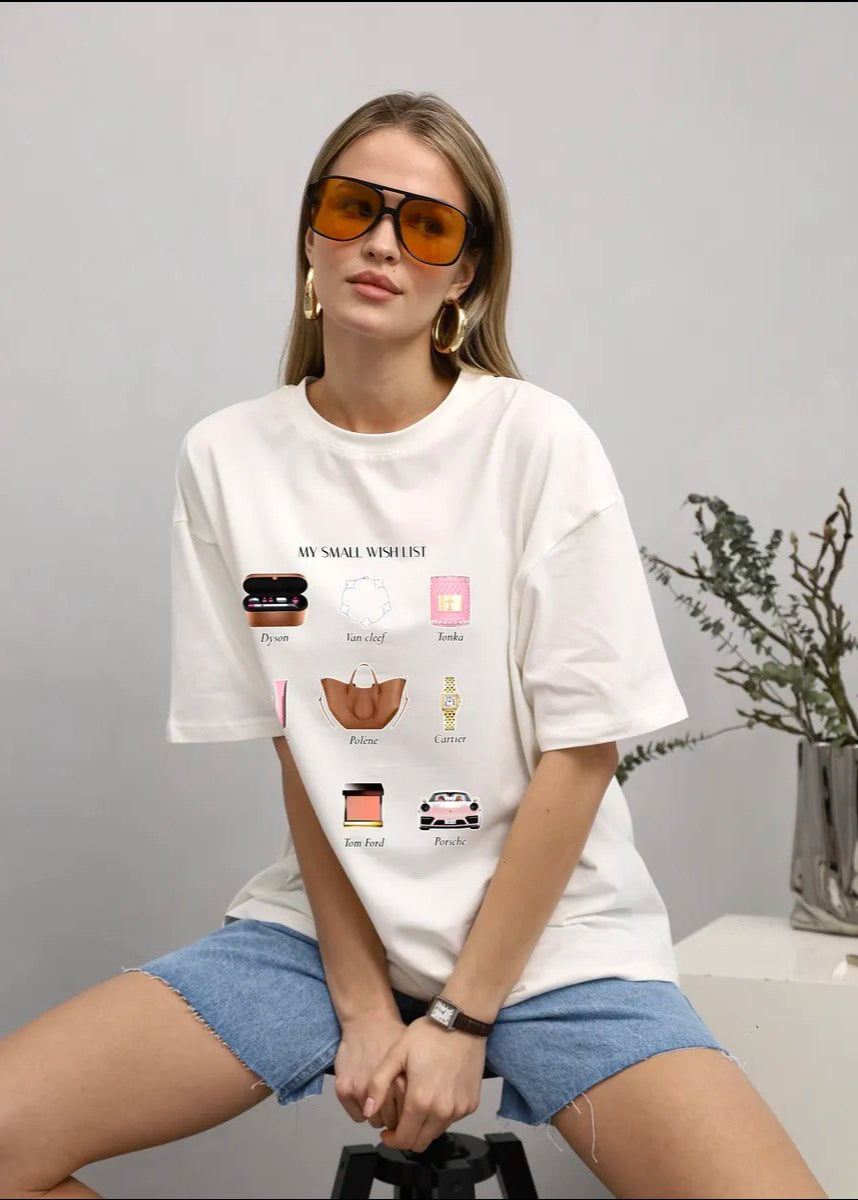 Wishlist Oversized Tee – White Graphic T-Shirt with My Small Wish List Print