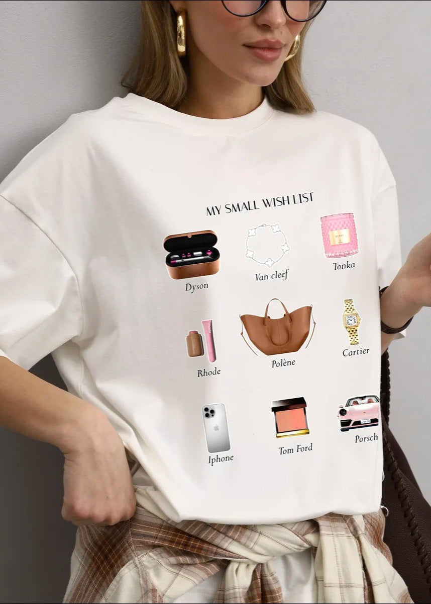 Wishlist Oversized Tee – White Graphic T-Shirt with My Small Wish List Print