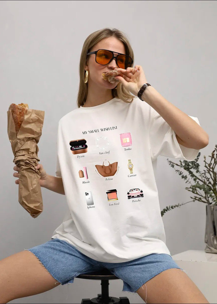 Wishlist Oversized Tee – White Graphic T-Shirt with My Small Wish List Print
