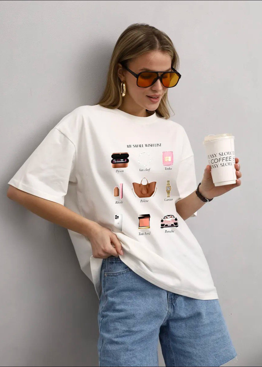 Wishlist Oversized Tee – White Graphic T-Shirt with My Small Wish List Print